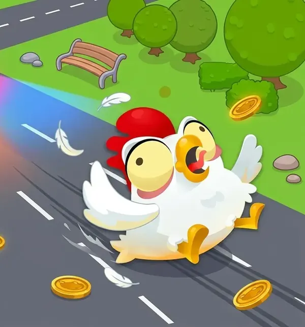 Cartoonkip van Chicken Road 2 die geschrokken over de weg rent, tussen munten