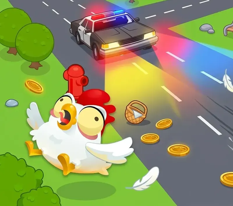 Twee cartoonkippen op een stadsweg met een politieauto en munten, artwork van Chicken Road 2